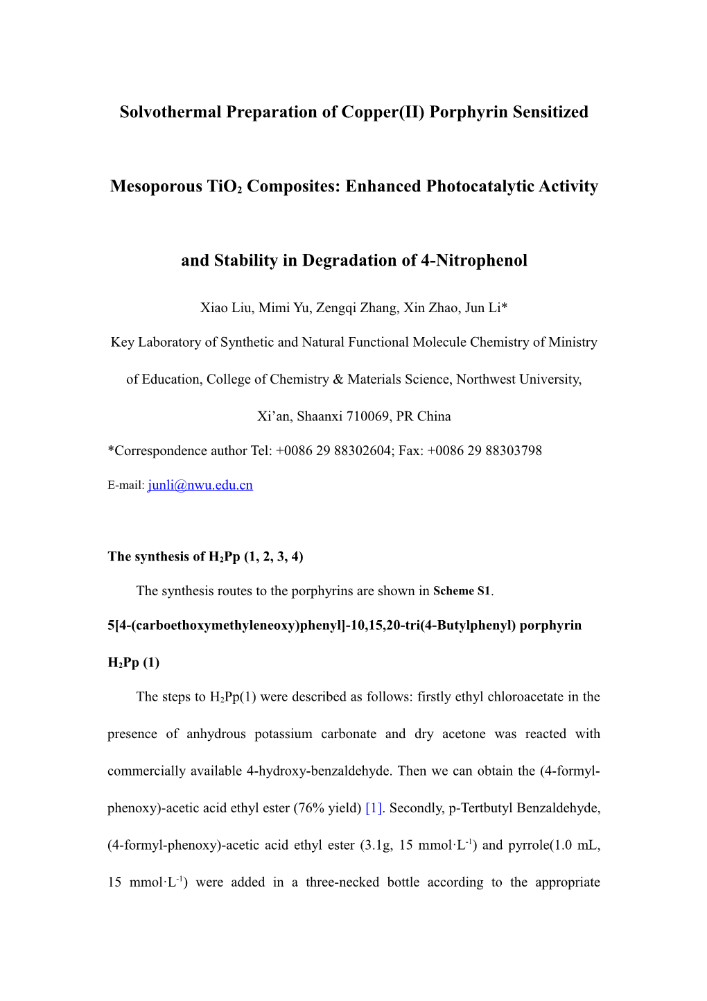 Solvothermal Preparation of Copper(II) Porphyrin Sensitized Mesoporous Tio2composites