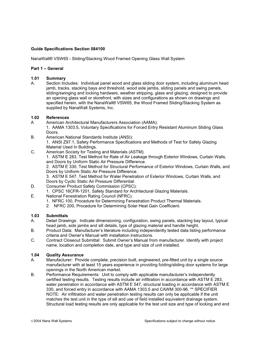 Guide Specifications Section 084100