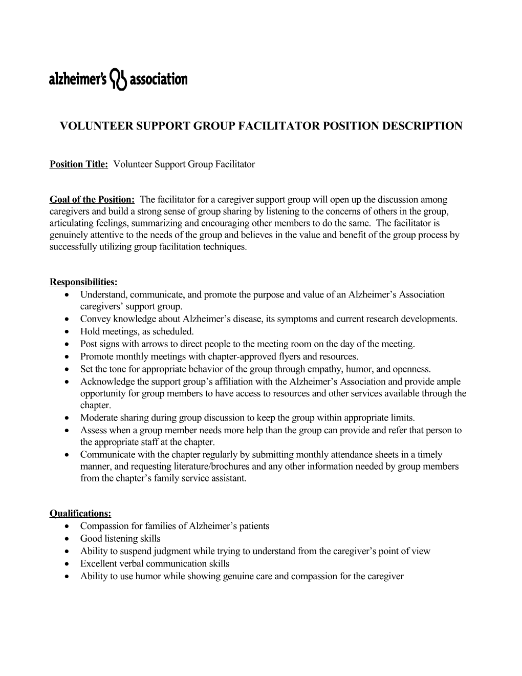 Support Group Facilitator Job Description