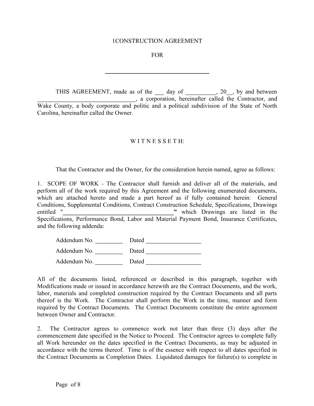 Formal Construction Agreement with Bonds