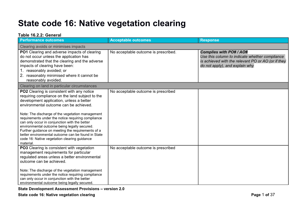 State Code 16: Native Vegetation Clearing - Response Template