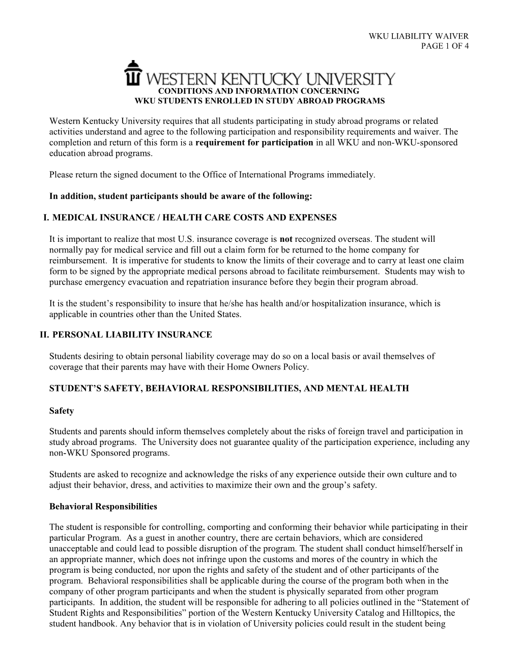 Student Waiver of Liability