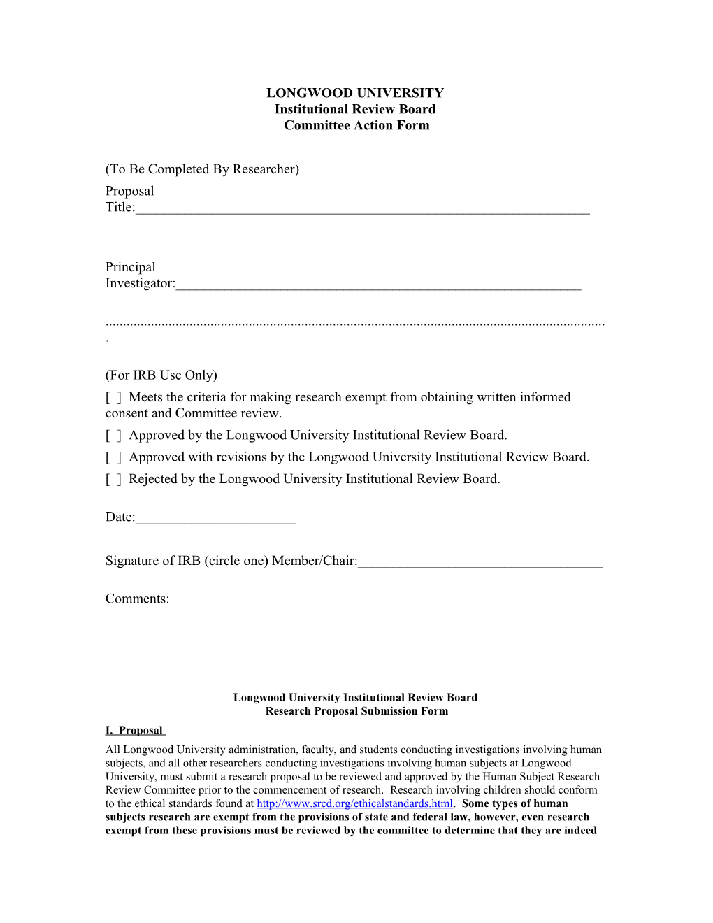 LONGWOOD UNIVERSITY Institutional Review Board Committee Action Form