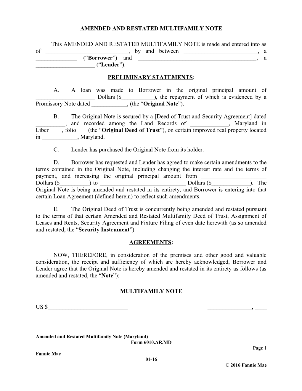 Amended and Restated Multifamily Note