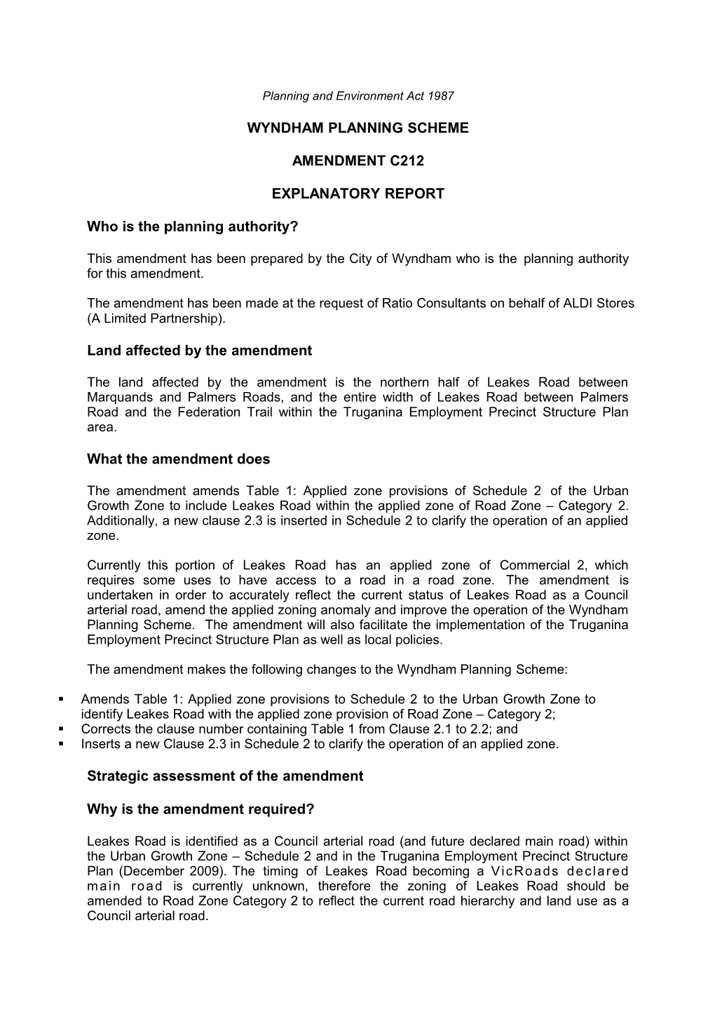 Wyndham C213 Explanatory Report Approval Gazetted