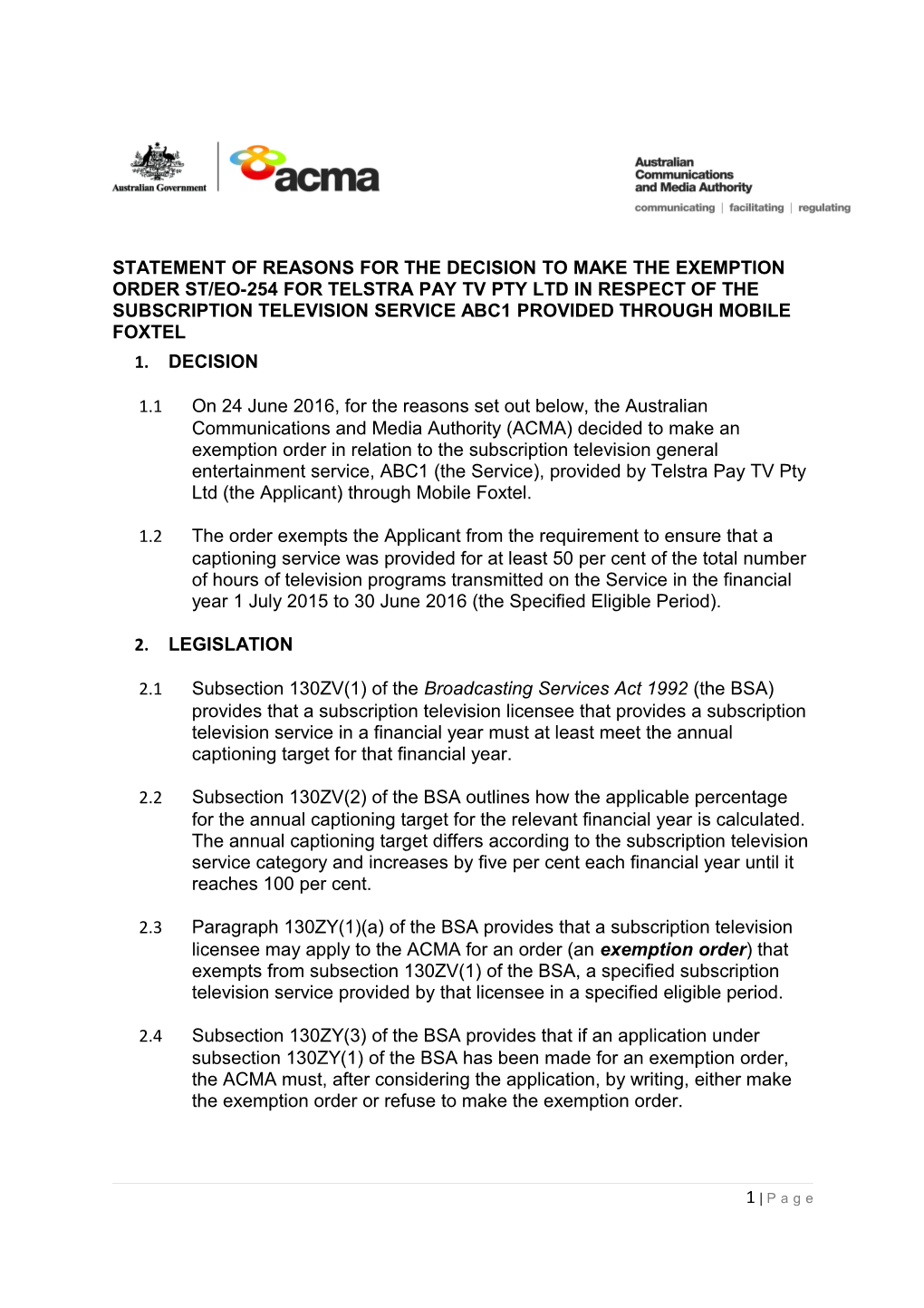 Statement of Reasons for the Decision to Make the Exemption Order St/Eo-254For Telstra