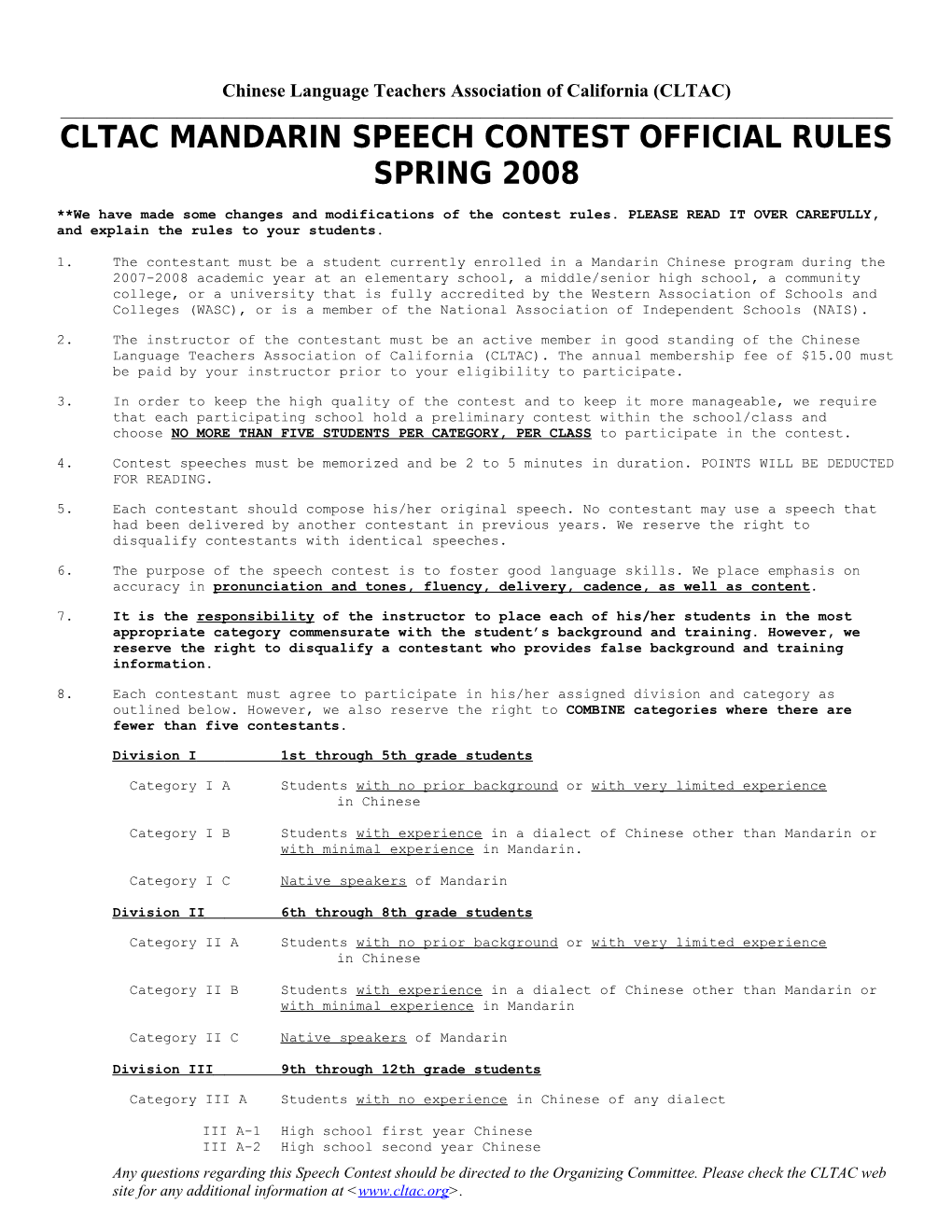 Clcltac Mandarin Speech Contest Official Rules
