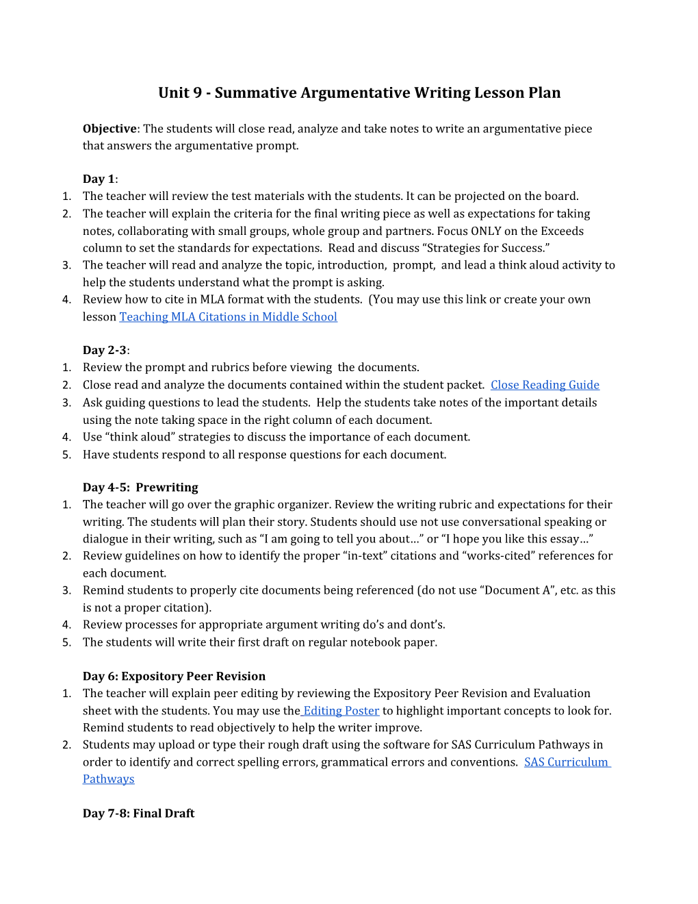 8Th Grade: Unit 9 Summative Argumentative Writing Lesson Plan