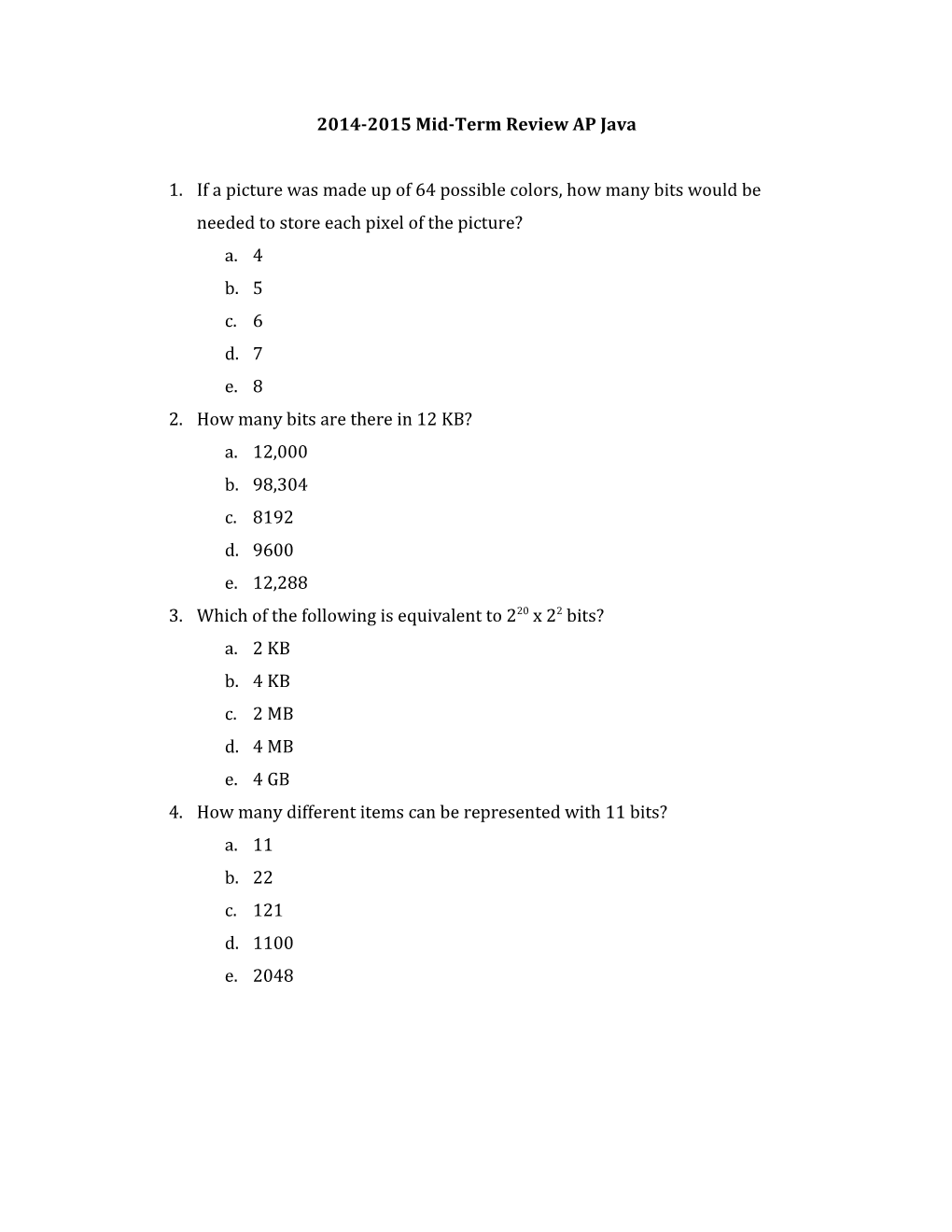 2014-2015 Mid-Term Review AP Java