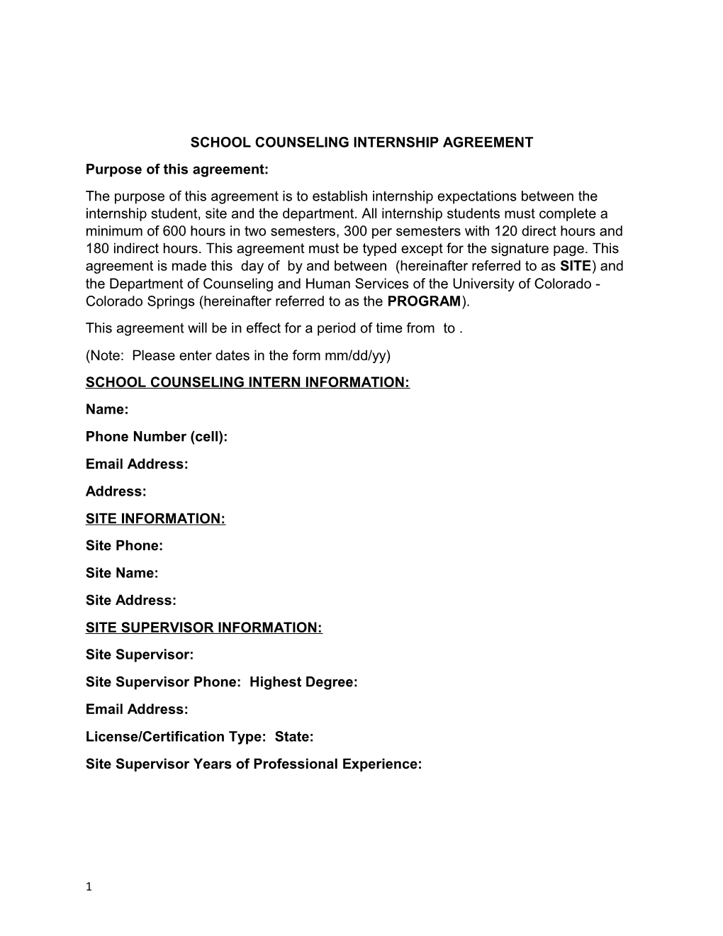 School Counseling Internship Agreement