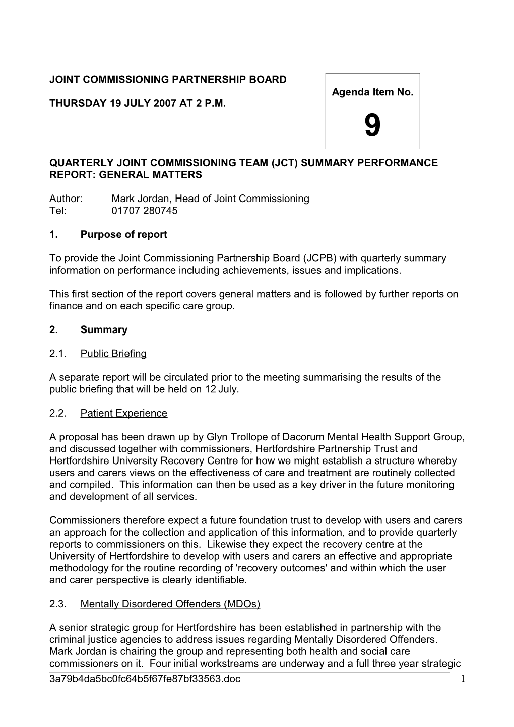 Joint Commissioning Partnership Board