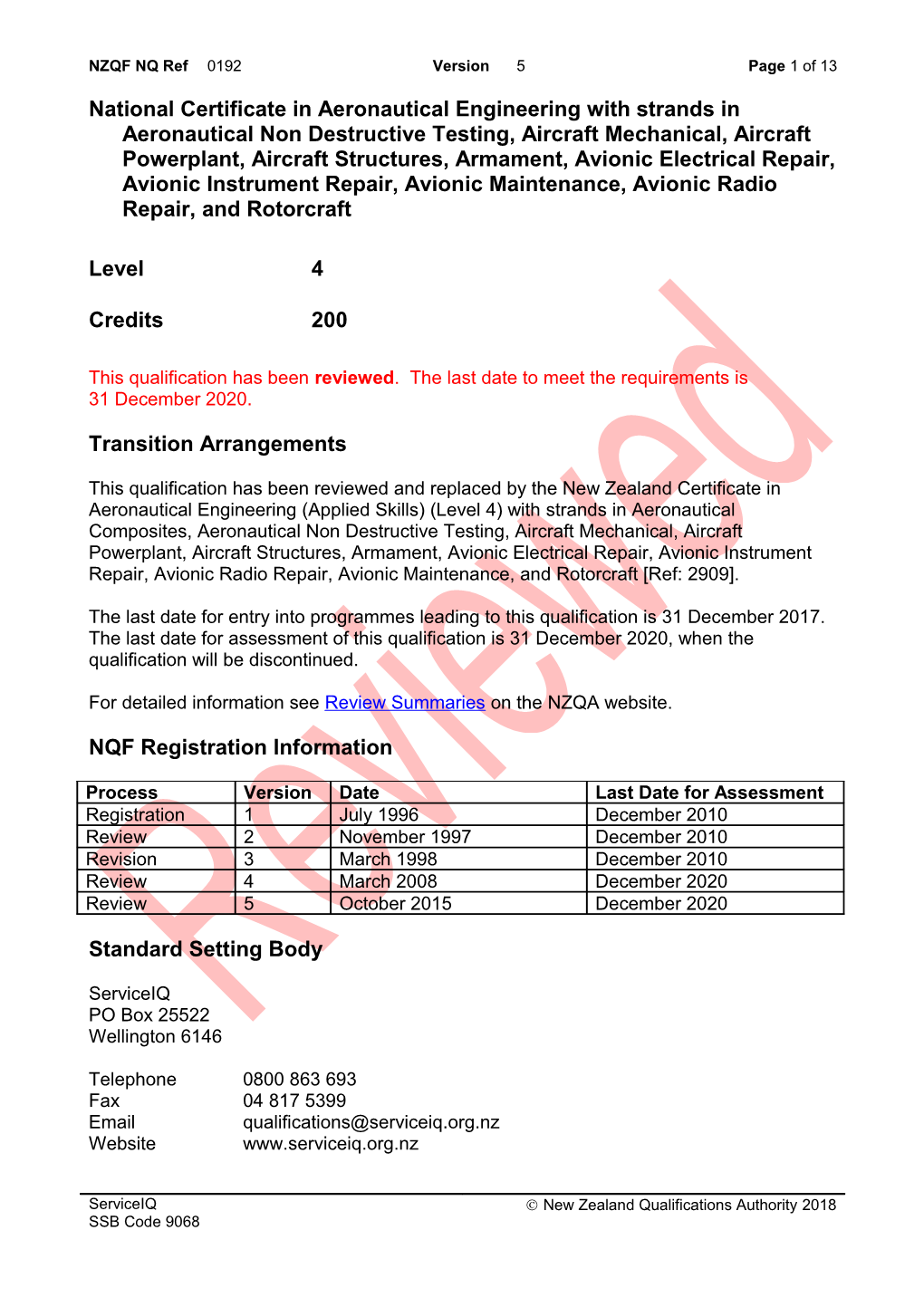 0192 National Certificate in Aeronautical Engineering with Strands in Aeronautical Non