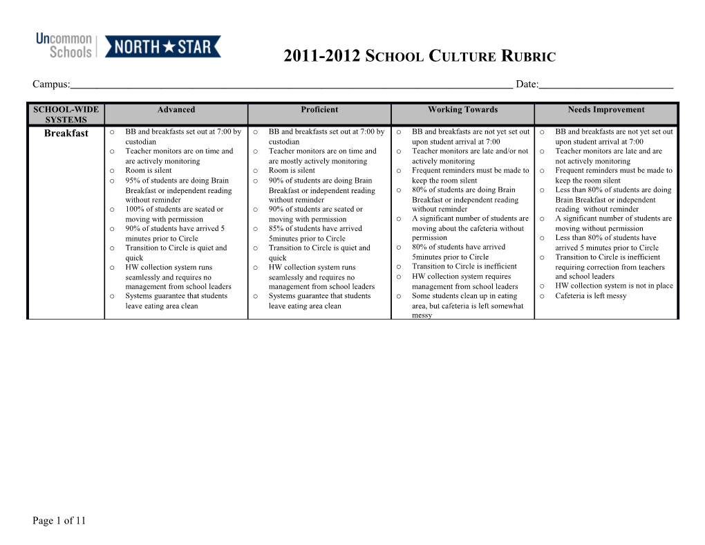 2011-2012 School Culture Rubric