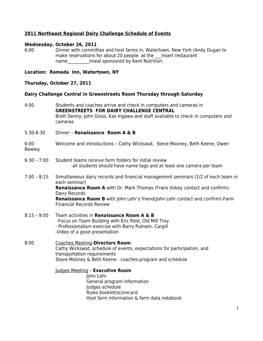 Northeast Dairy Challenge Schedule of Events