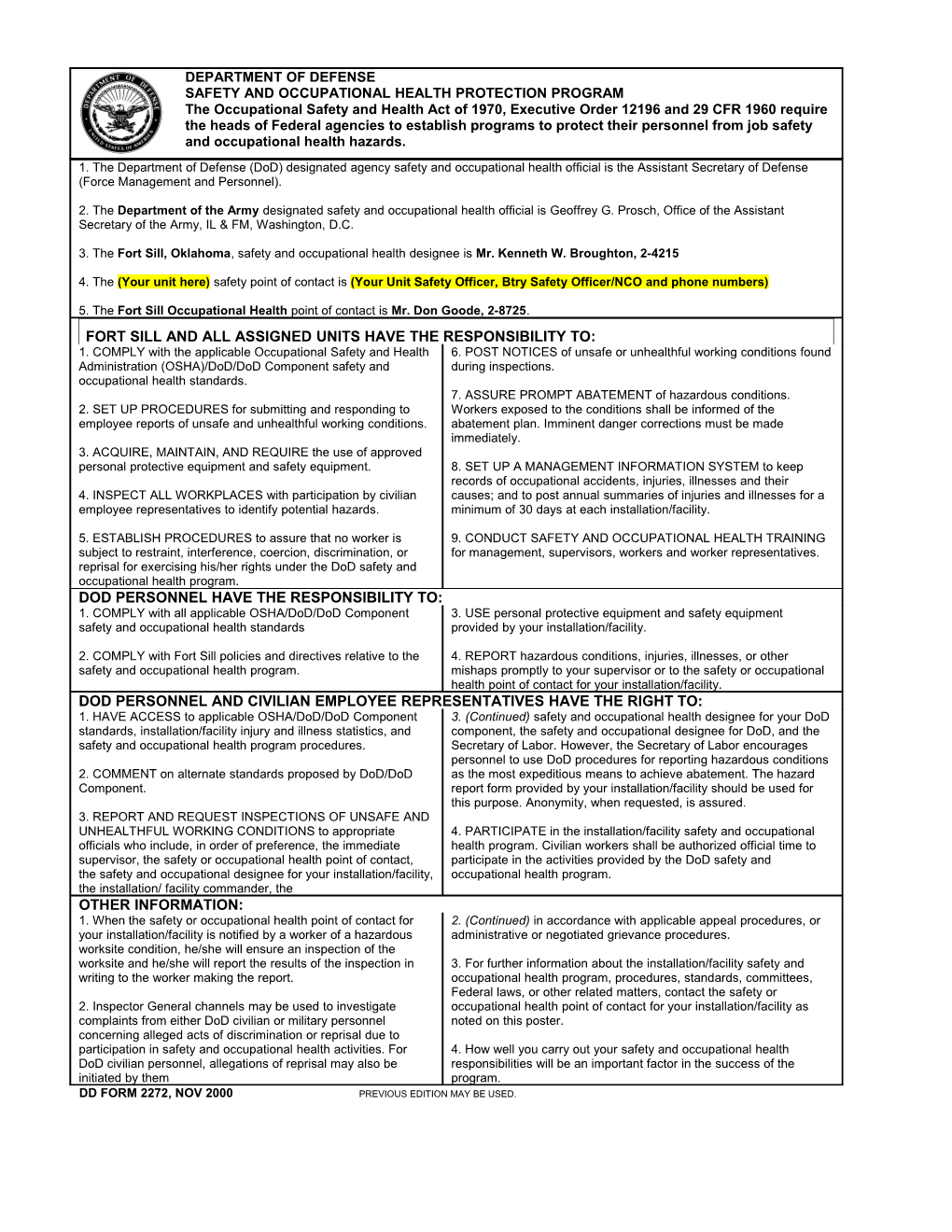 Dd Form 2272, Nov 2000 Previous Edition May Be Used