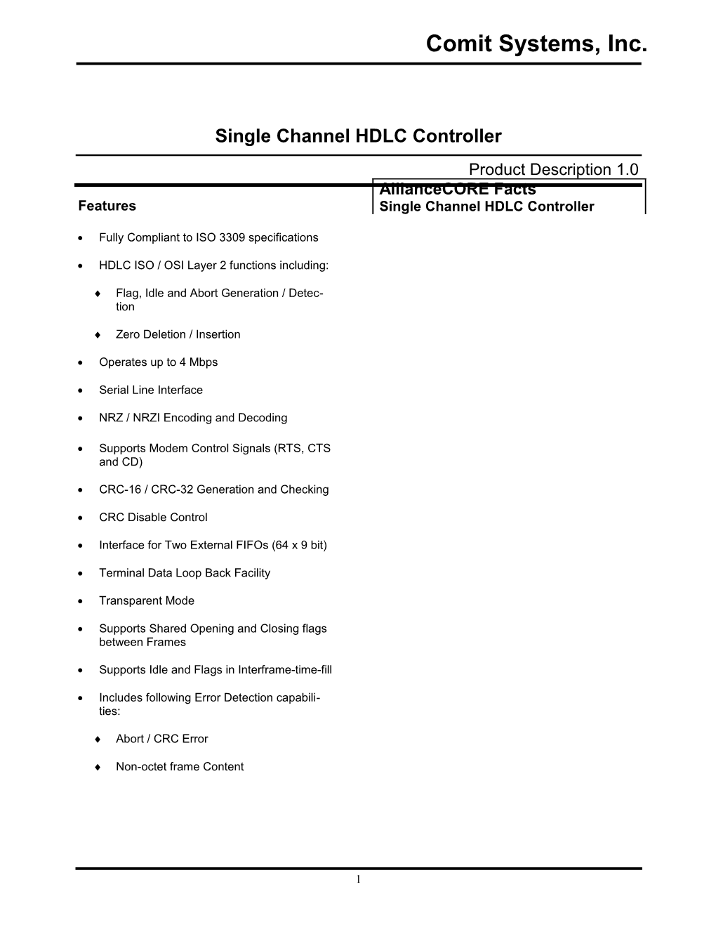 Single Channel HDLC Controller