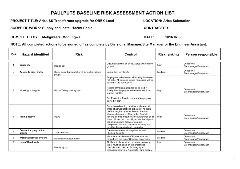 Paulputsbaseline Risk Assessment Action List