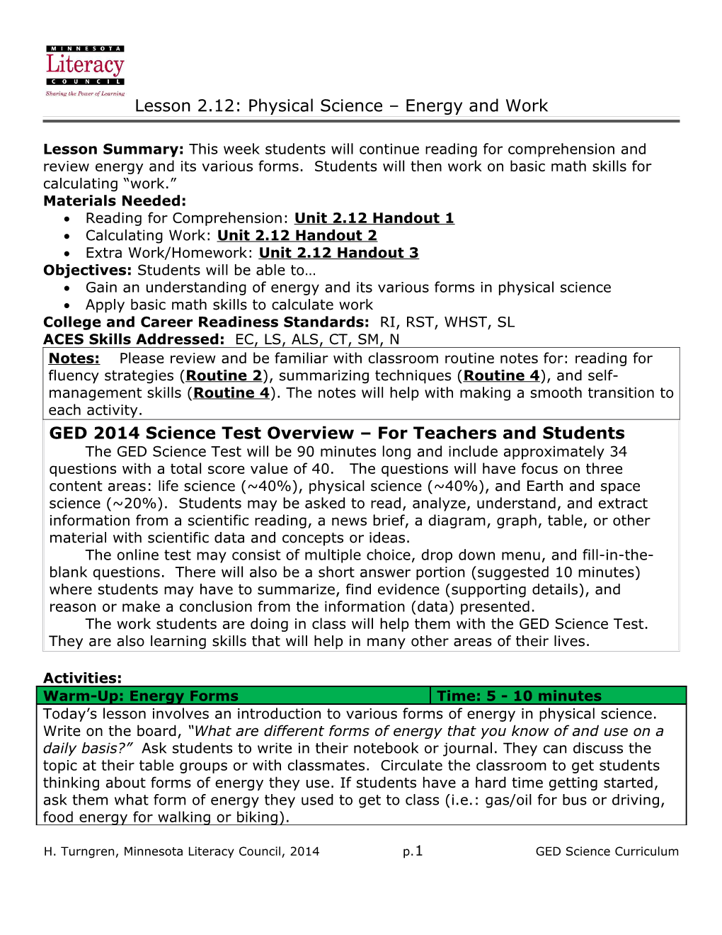 Lesson 2.12: Physical Science Energy and Work