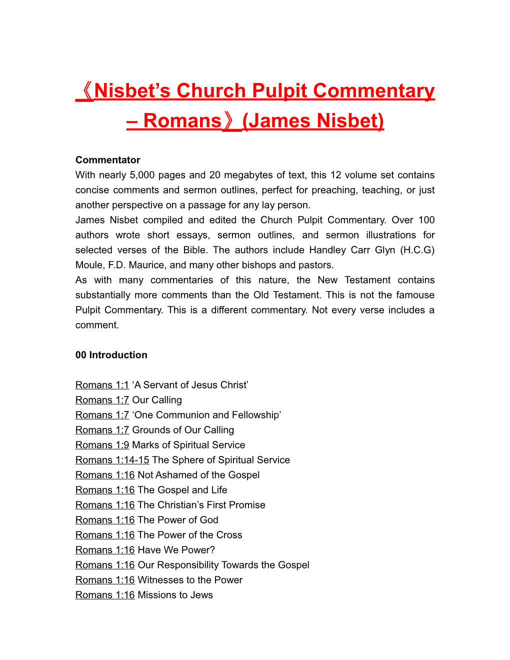 Nisbet S Churchpulpit Commentary Romans (James Nisbet)