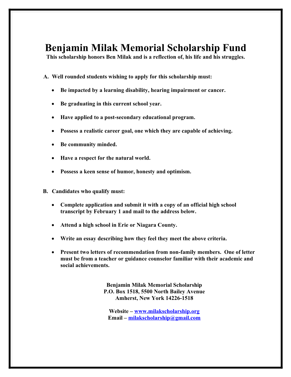 Benjamin Milak Memorial Scholarship Fund