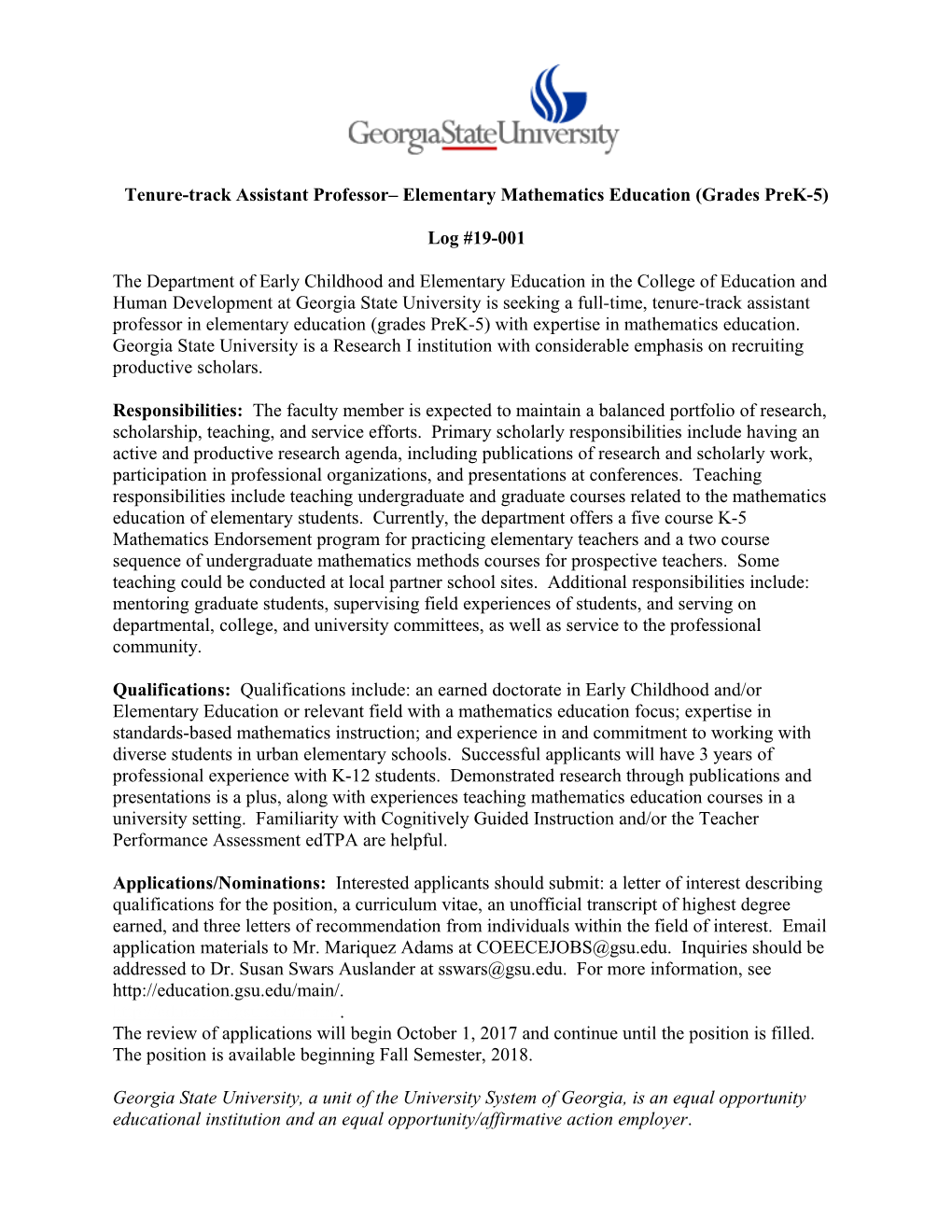 Tenure-Trackassistantprofessor Elementary Mathematics Education (Grades Prek-5)