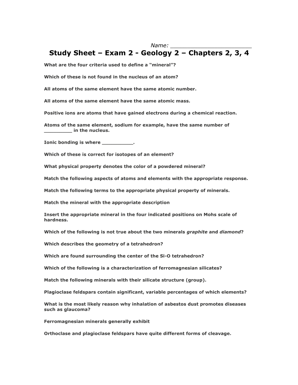 Study Sheet Exam - Geology 2 Chapters 2, 3, 4