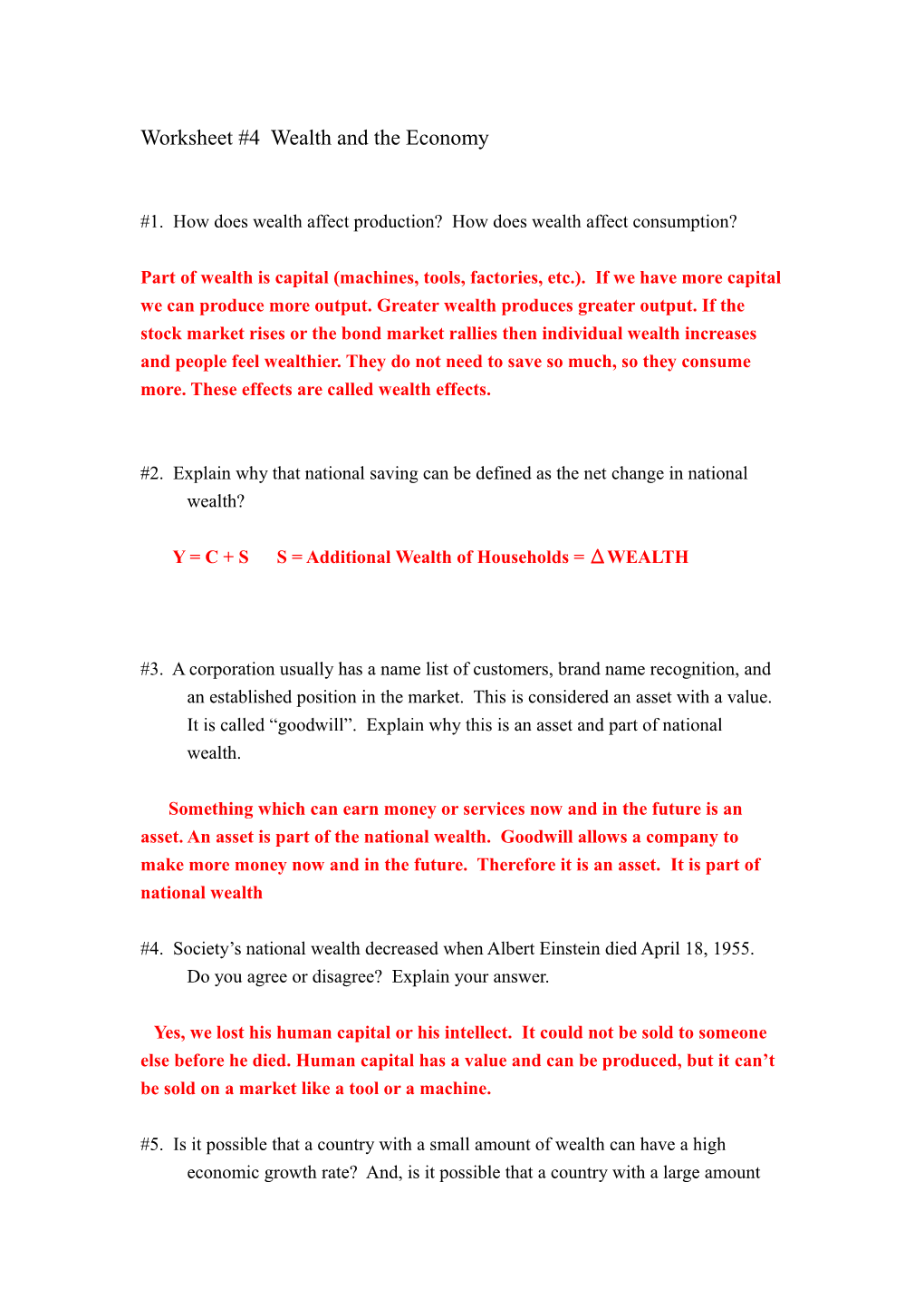 Worksheet #4 Wealth and the Economy