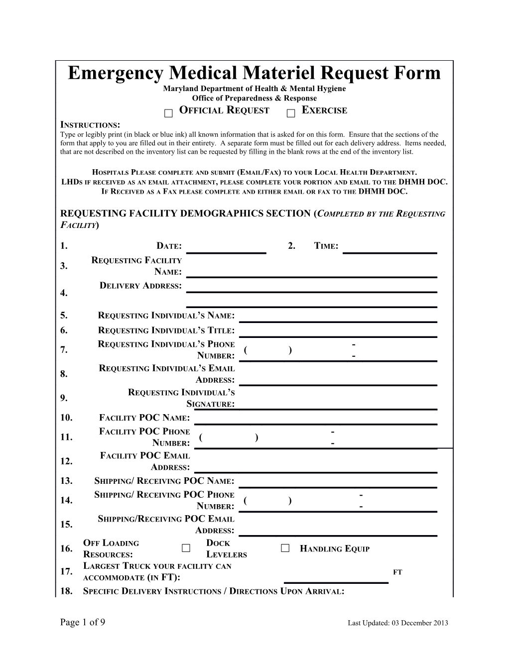 Emergency Medical Materiel Request Form