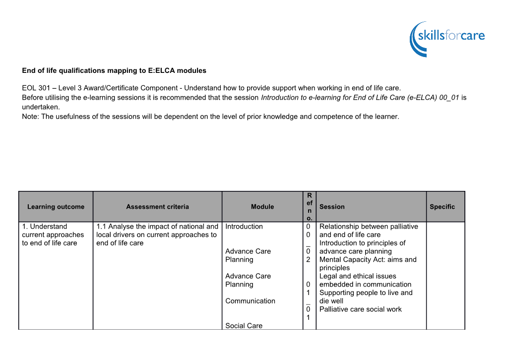End of Life Qualifications Mapping to E:ELCA Modules