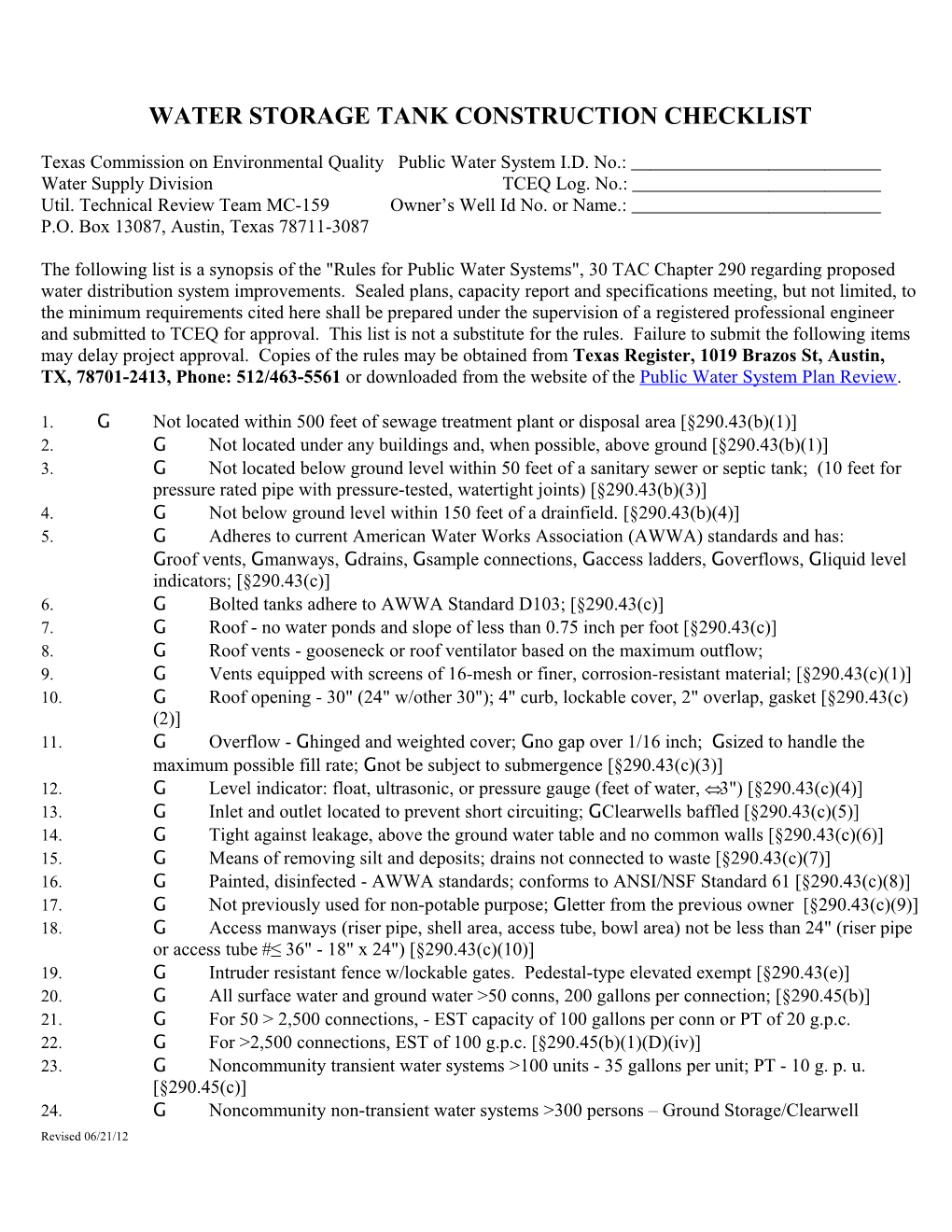 Water Storage Tank Construction Checklist