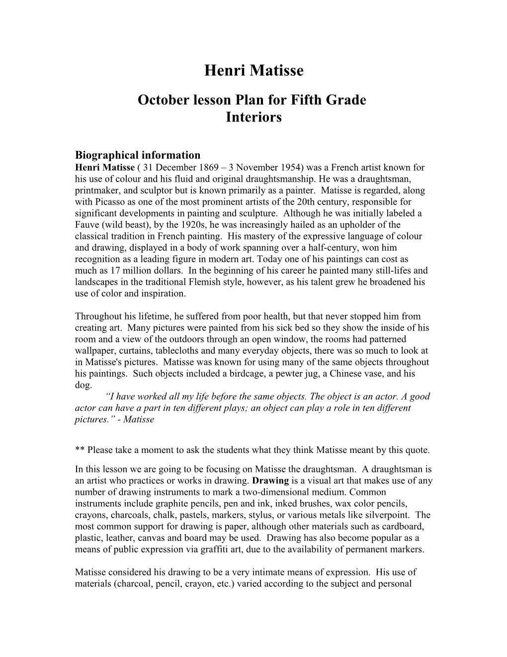 October Lesson Plan for Fifth Grade