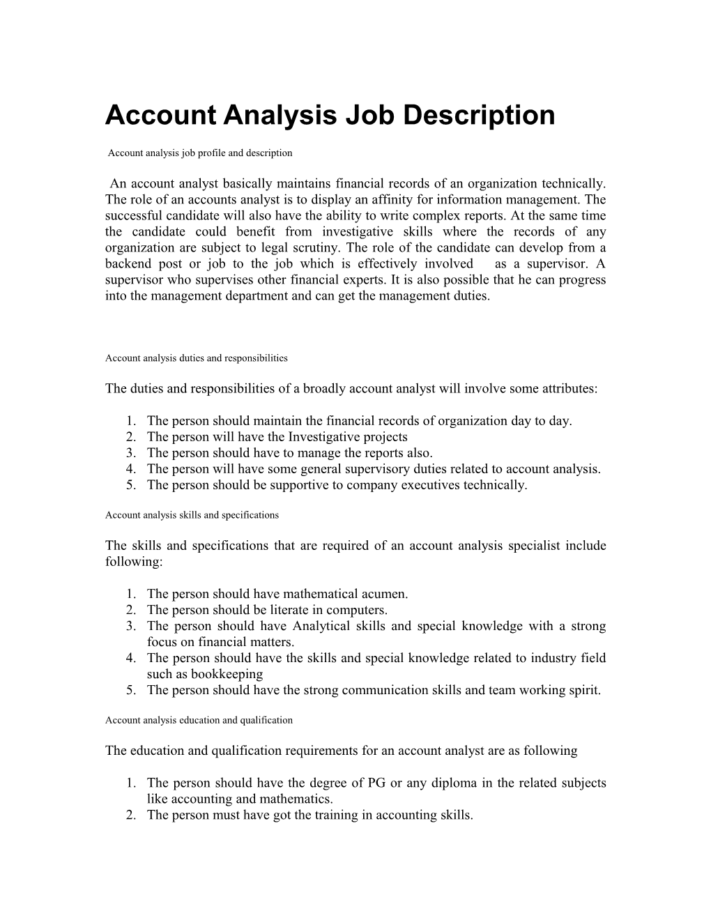 Account Analysis Job Description