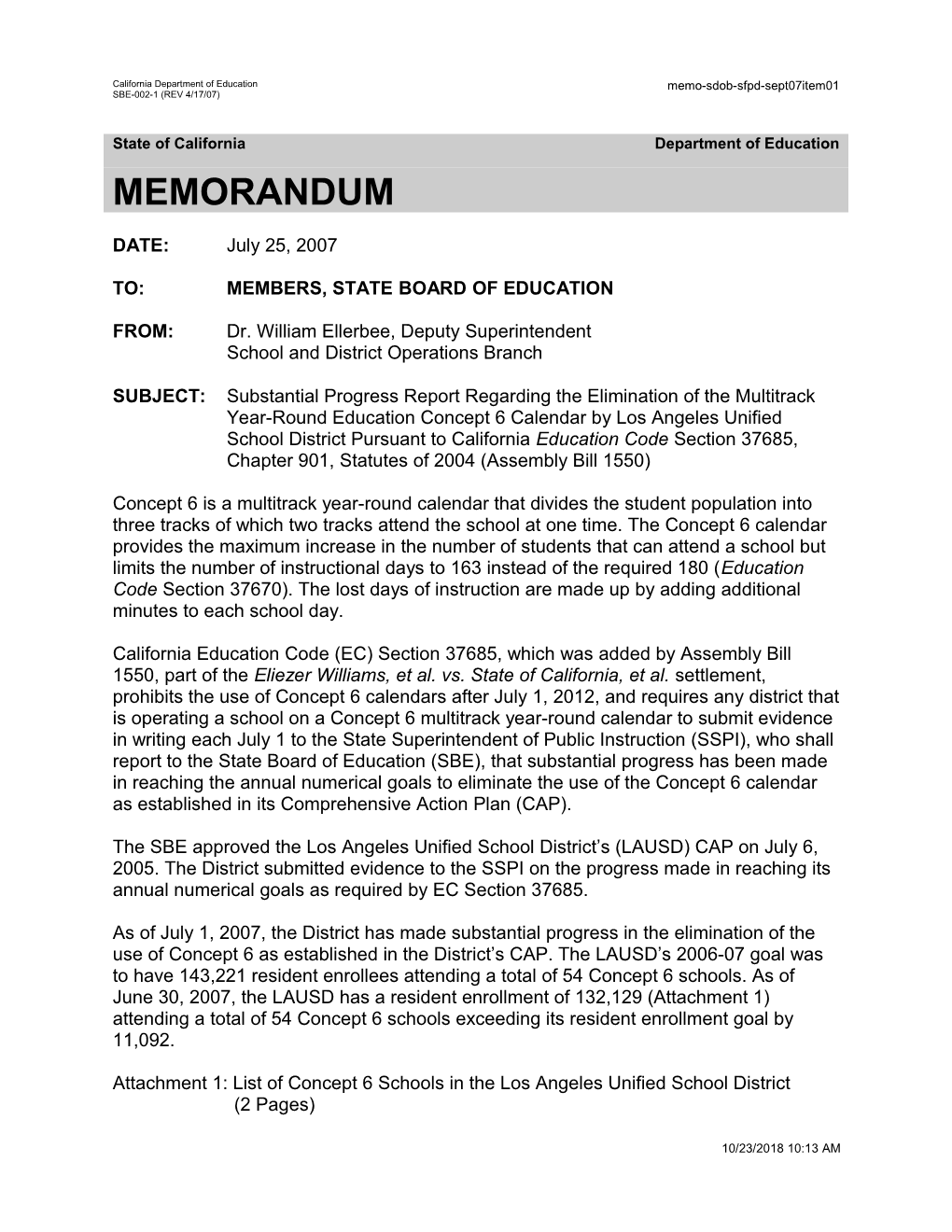 August 2007 SFPD Item 01 - Information Memorandum (CA State Board of Education)