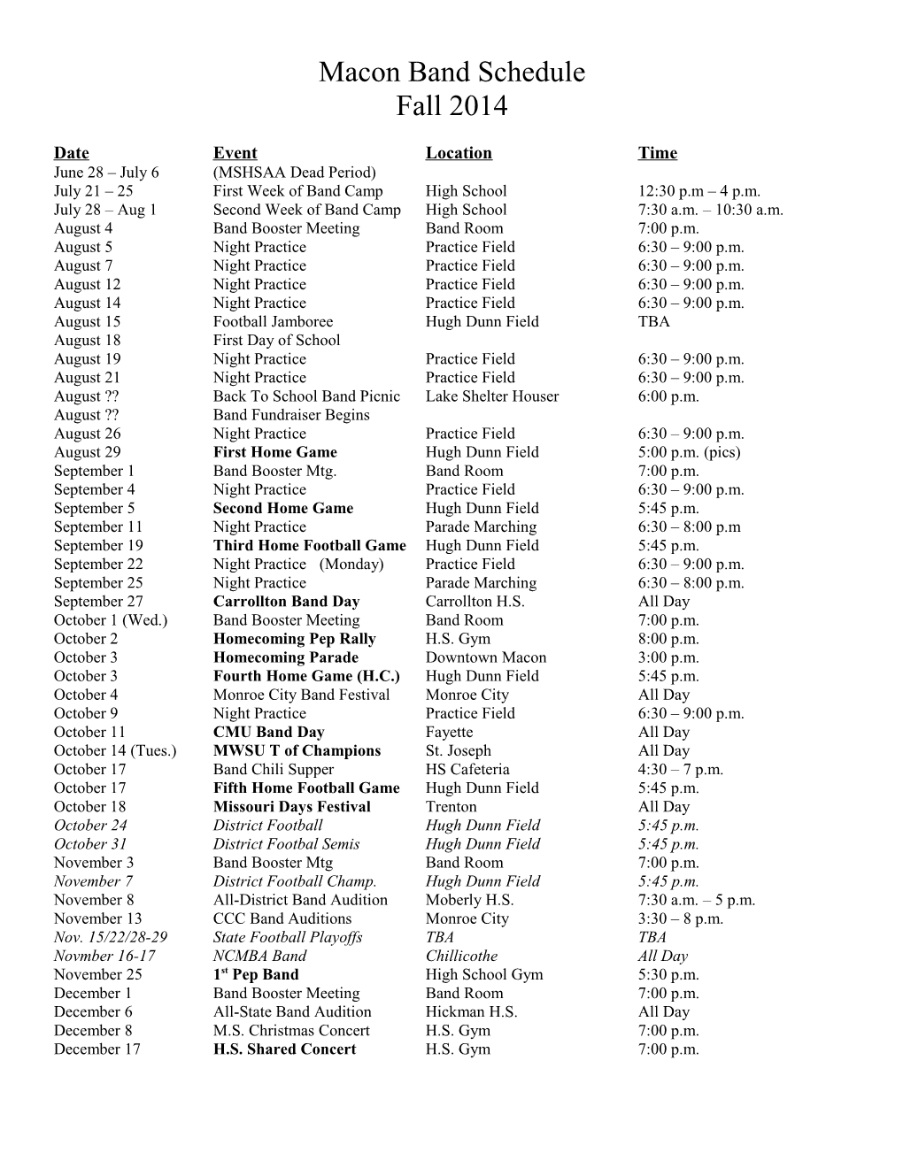 Macon Band Schedule