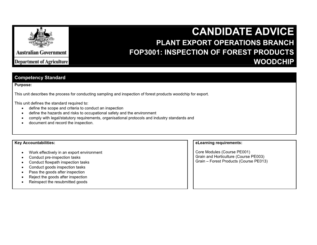 Plant Export Operations Branch FOP3001: Inspection of Forest Products Woodchip