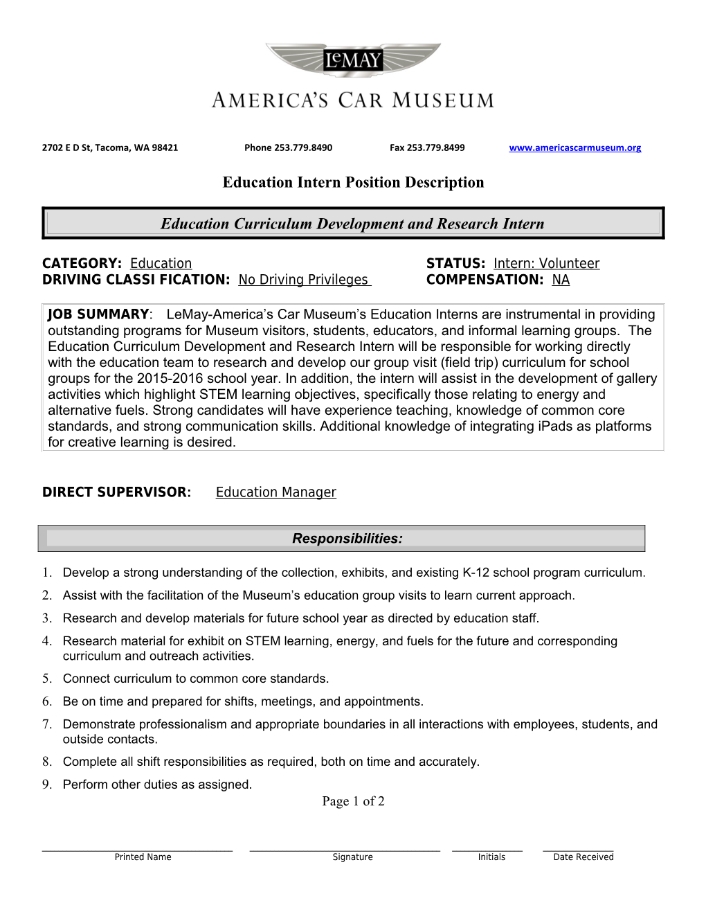 Education Intern Position Description