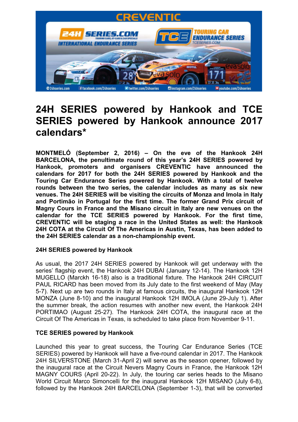 24H SERIES Powered by Hankook and TCE SERIES Powered by Hankook Announce 2017 Calendars*