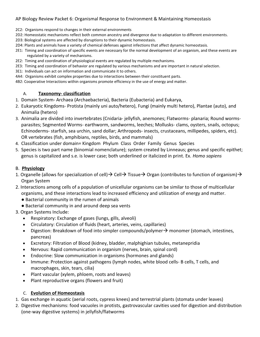 AP Biology Review Packet 6: Organismal Response to Environment & Maintaining Homeostasis