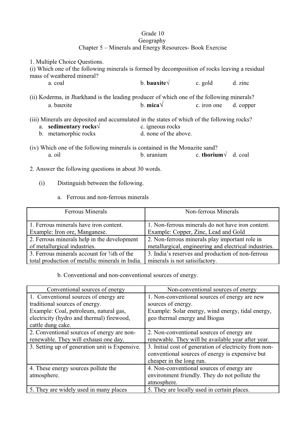 Gr 10 Ch 5 Book Exercise and Other Notes -Minerals and Energy Resources