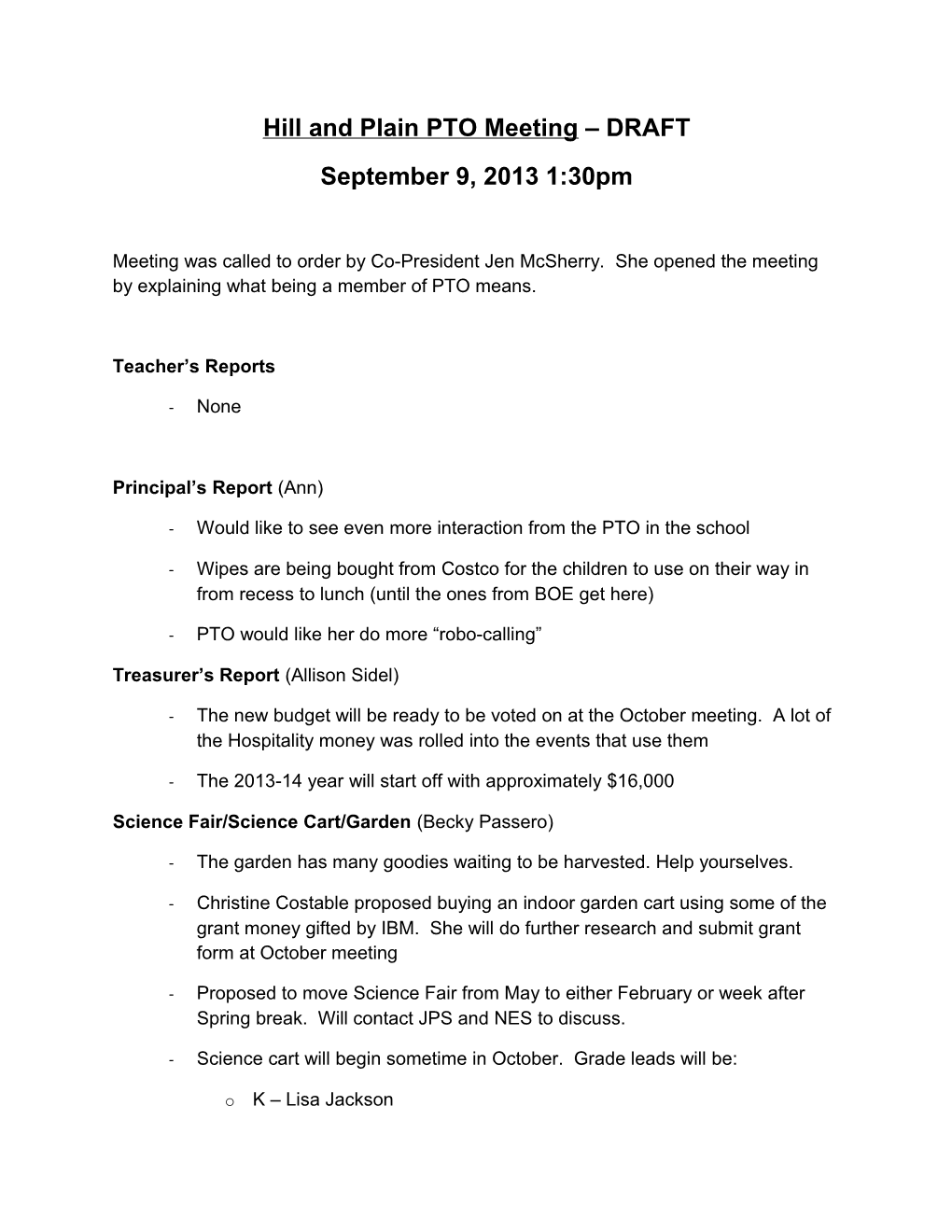 Hill and Plain PTO Meeting DRAFT