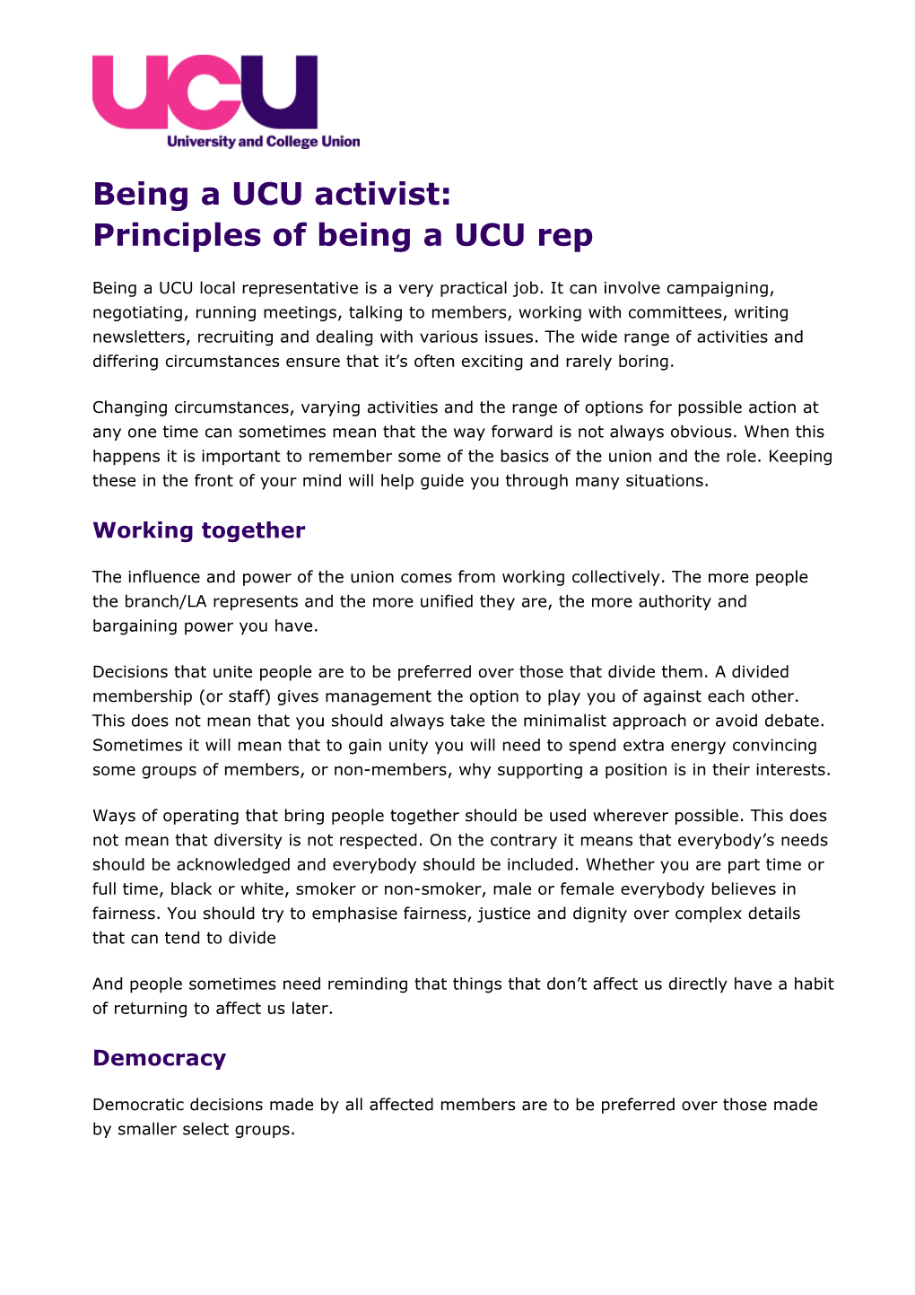 Being a UCU Activist: Principles of Being a UCU Rep