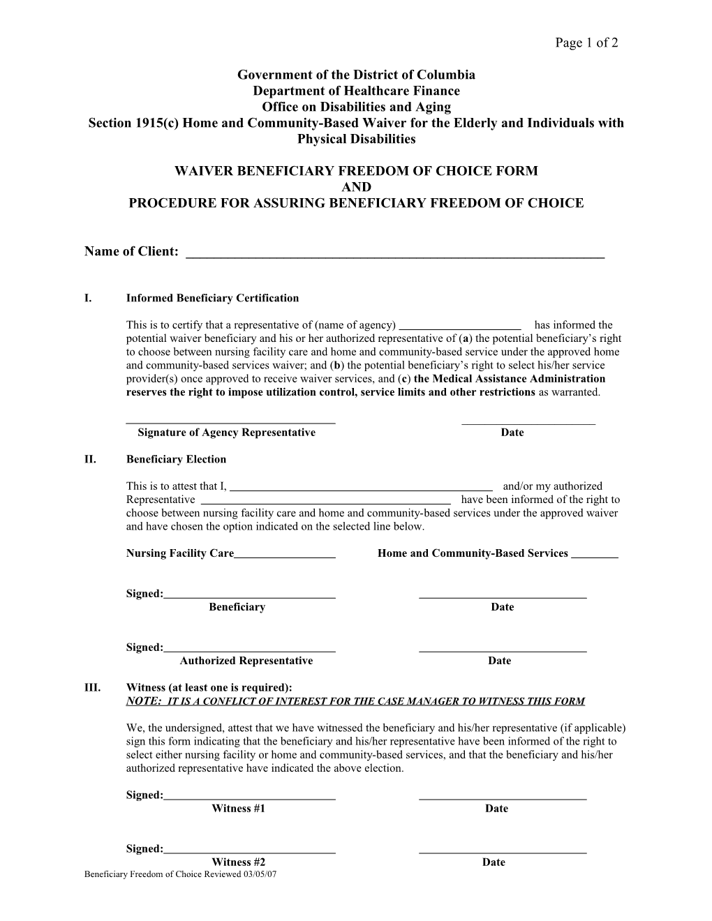 Waiver Beneficiary Freedom of Choice Form