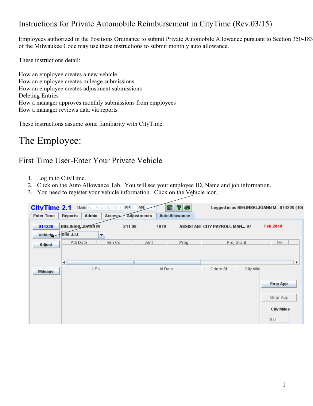 Instructions for Private Automobile Reimbursement in Citytime