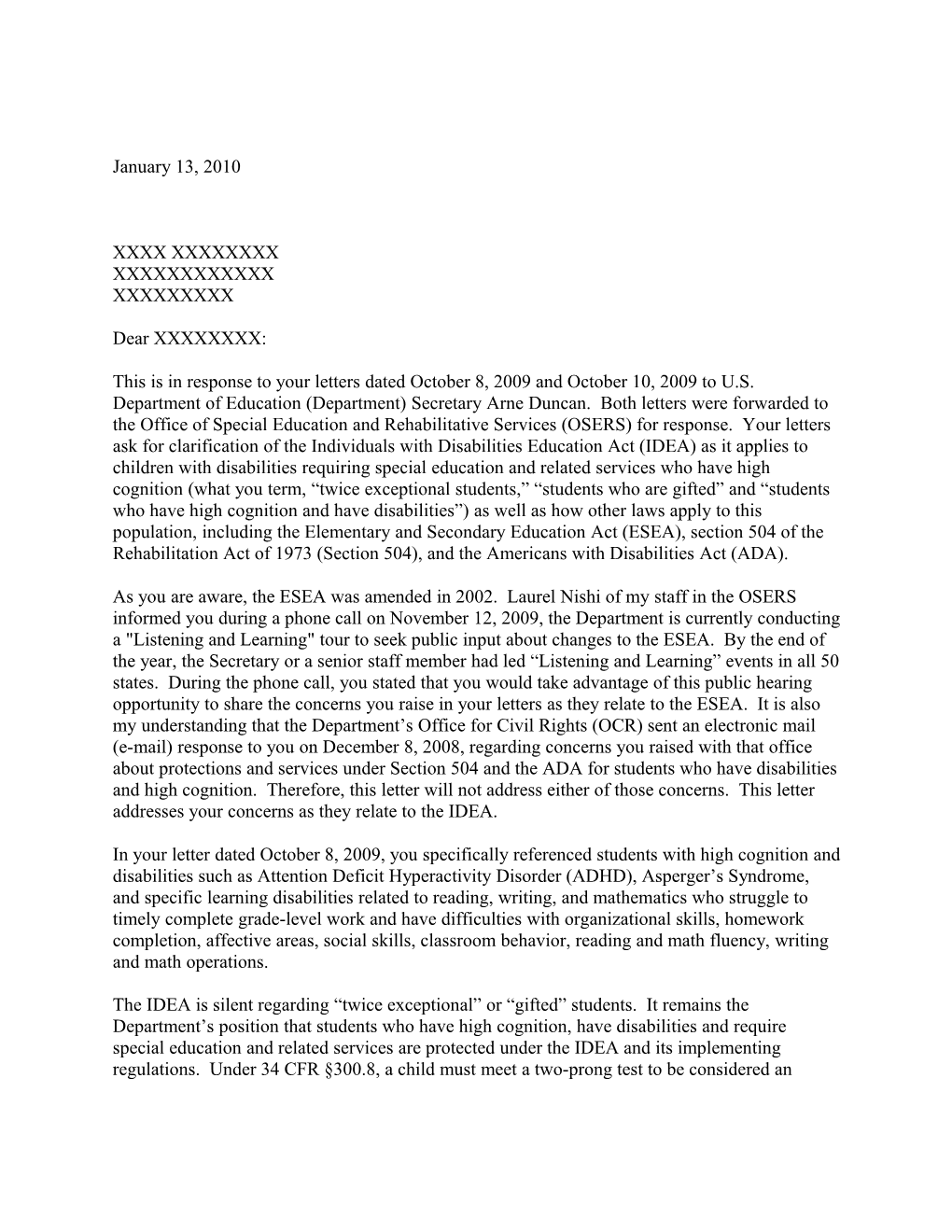 Redacted a Letter Dated 01/13/2010 Re: Evaluation Procedures (MS Word)