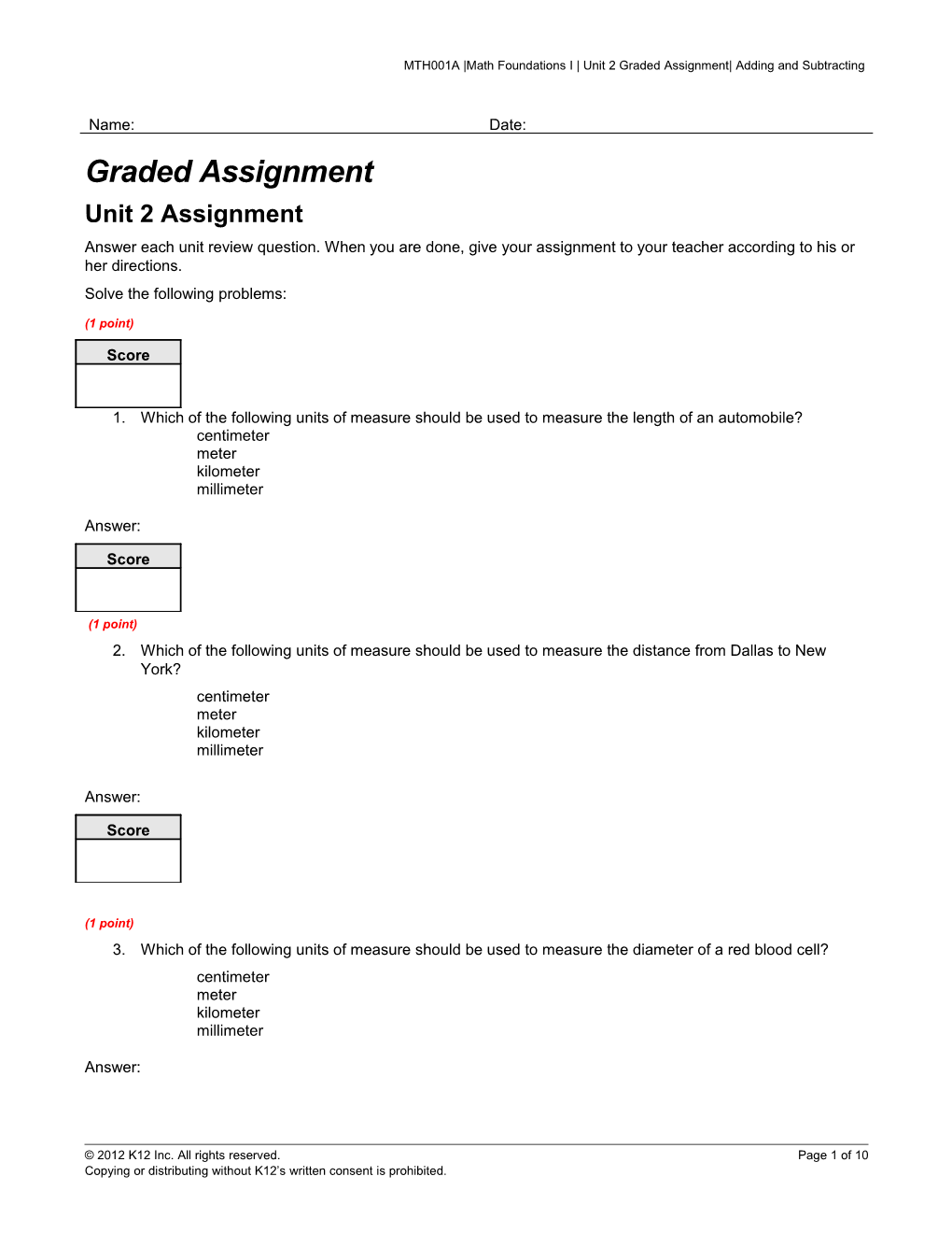 MTH001A Math Foundations I Unit 2 Graded Assignment Adding and Subtracting