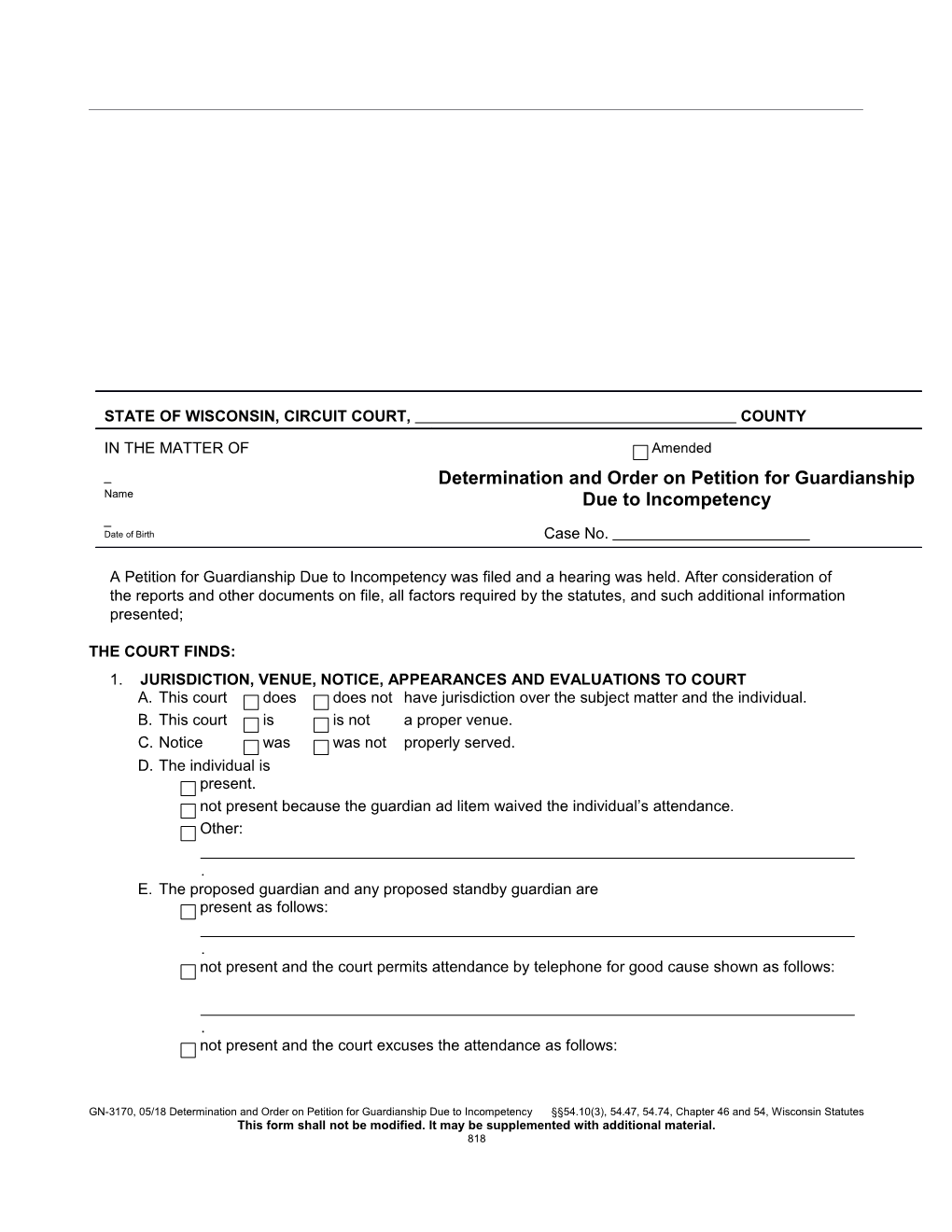 GN-3170: Determination and Order on Petition for Guardianship Due to Incompetency