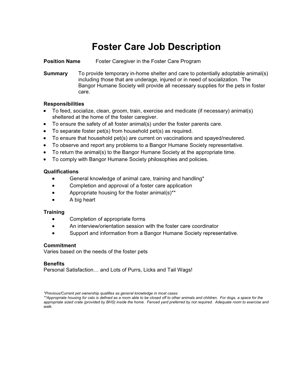 Foster Care Job Description