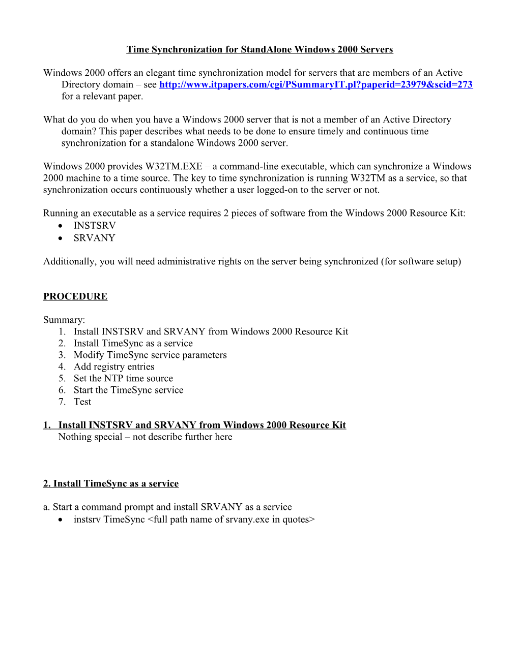 Time Synchronization for Standalone Windows 2000 Servers