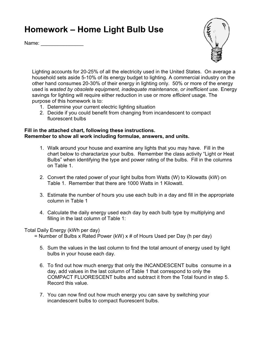 Homework Home Light Bulb Use