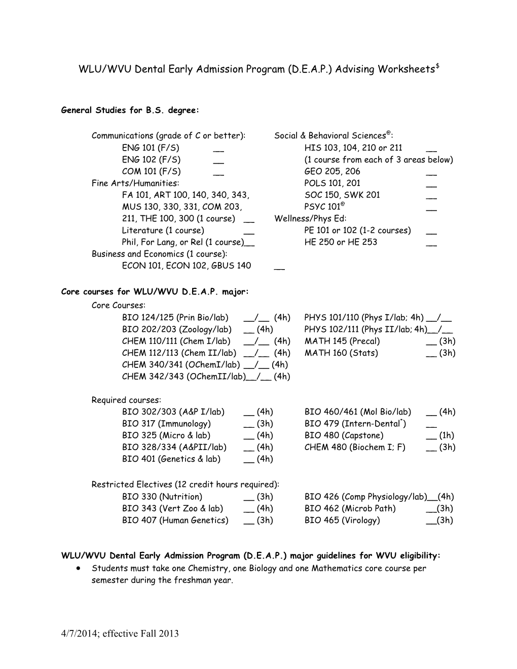 Biology Advising Worksheets*